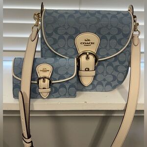Coach Denim Blue Signature Crossbody Bag and Wallet with Cream Trim